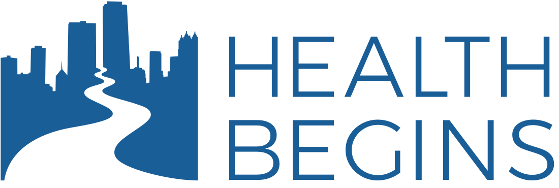 HealthBegins logo which includes a vector image of a stream going upstream into a city skyline